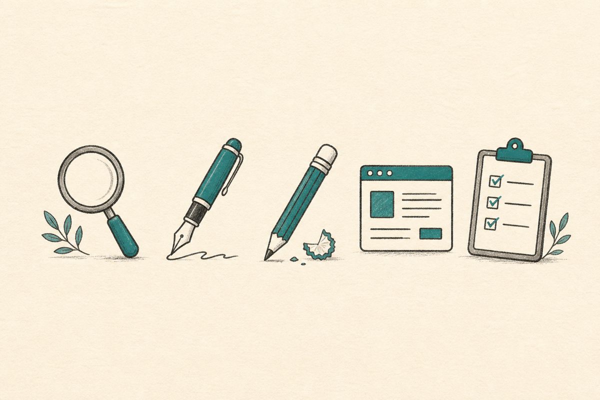 Five desk icons for research, writing, editing, web, and coordination