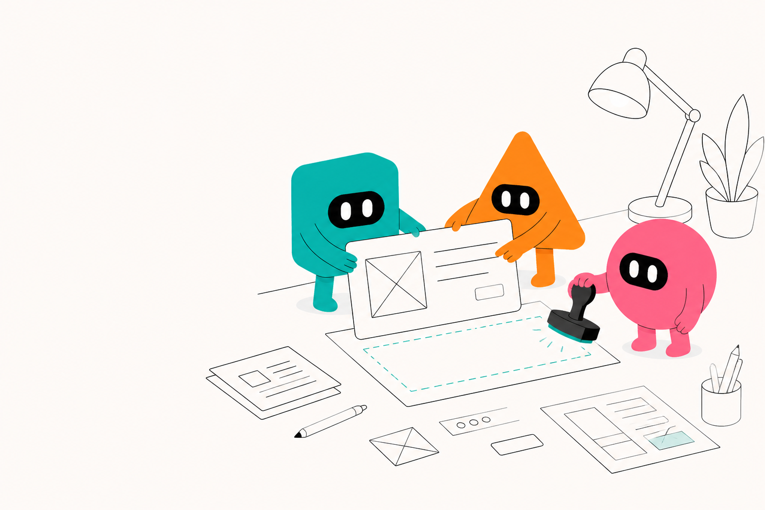 Teal builder, orange debater, and pink you-bot collaborating on a desk stage — Build, Debate, Call