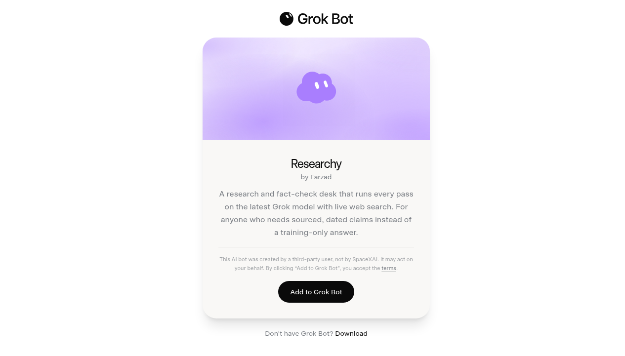 Bot preview page with description and Add to Grok Bot